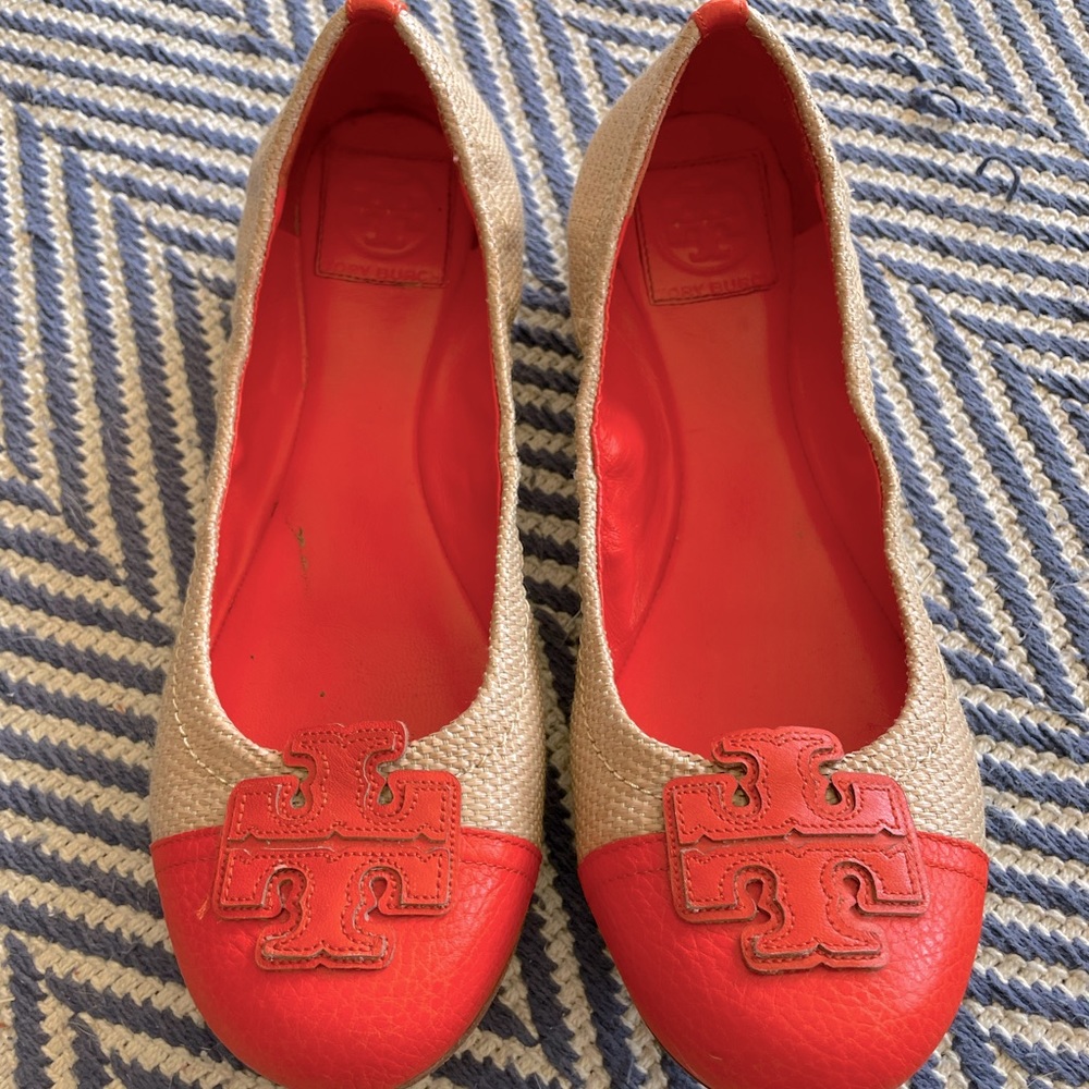 Tory Burch natural and orange logo flats size 9